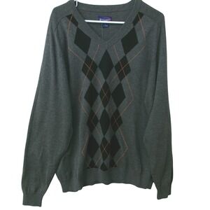 CHAMPIONS TOUR Men's XL V-Neck Argyle Sweater Gray Black Orange Long Sleeve